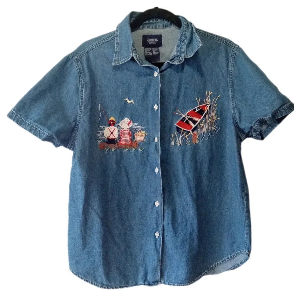 4/$10 Vtg Solutions Original Women's Denim Shirt Embroidered Fishing Medium